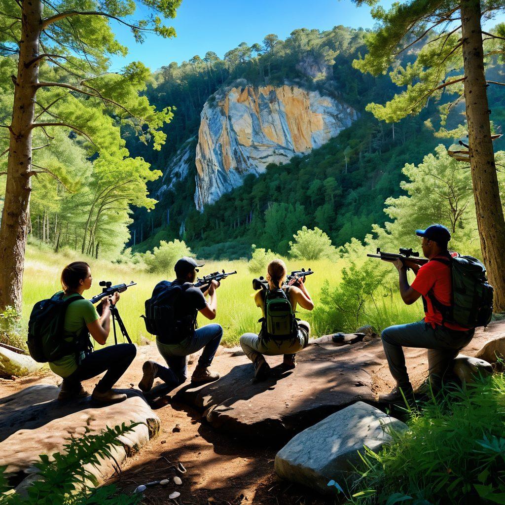 A breathtaking outdoor scene capturing the essence of joyful adventures with a diverse group of people enjoying responsible gun ownership while partaking in various outdoor sports. Include lush green landscapes, a clear blue sky, and individuals engaging in activities like shooting at a range, hiking, and target practice, all showcasing safety and camaraderie. The atmosphere should radiate enthusiasm and respect for nature. super-realistic. vibrant colors. 3D.