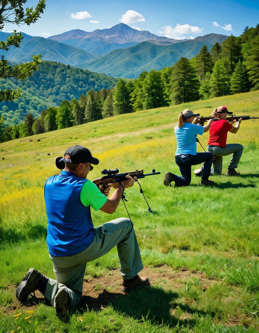 A dynamic scene capturing a diverse group of people enjoying target shooting at a scenic outdoor range, displaying camaraderie and responsible firearm handling. Emphasize safety gear, bright colors on targets, and the joy of the activity. The background features lush greenery and mountains under a clear blue sky. Include a subtle hint of sportsmanship through friendly interactions among the shooters. vibrant colors. super-realistic.