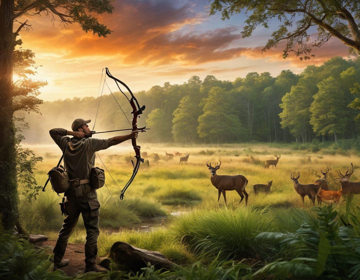 A dynamic scene showcasing a gun enthusiast transitioning from archery to hunting in a lush outdoor setting. The foreground features an archer preparing to shoot, with a bow and target in sight, while the mid-ground depicts a hunter aiming a rifle at a distant deer. Surrounding them, dense forests and a vibrant sky highlight the thrilling adventure. The composition exudes excitement and nature's beauty. super-realistic. vibrant colors. outdoor setting.